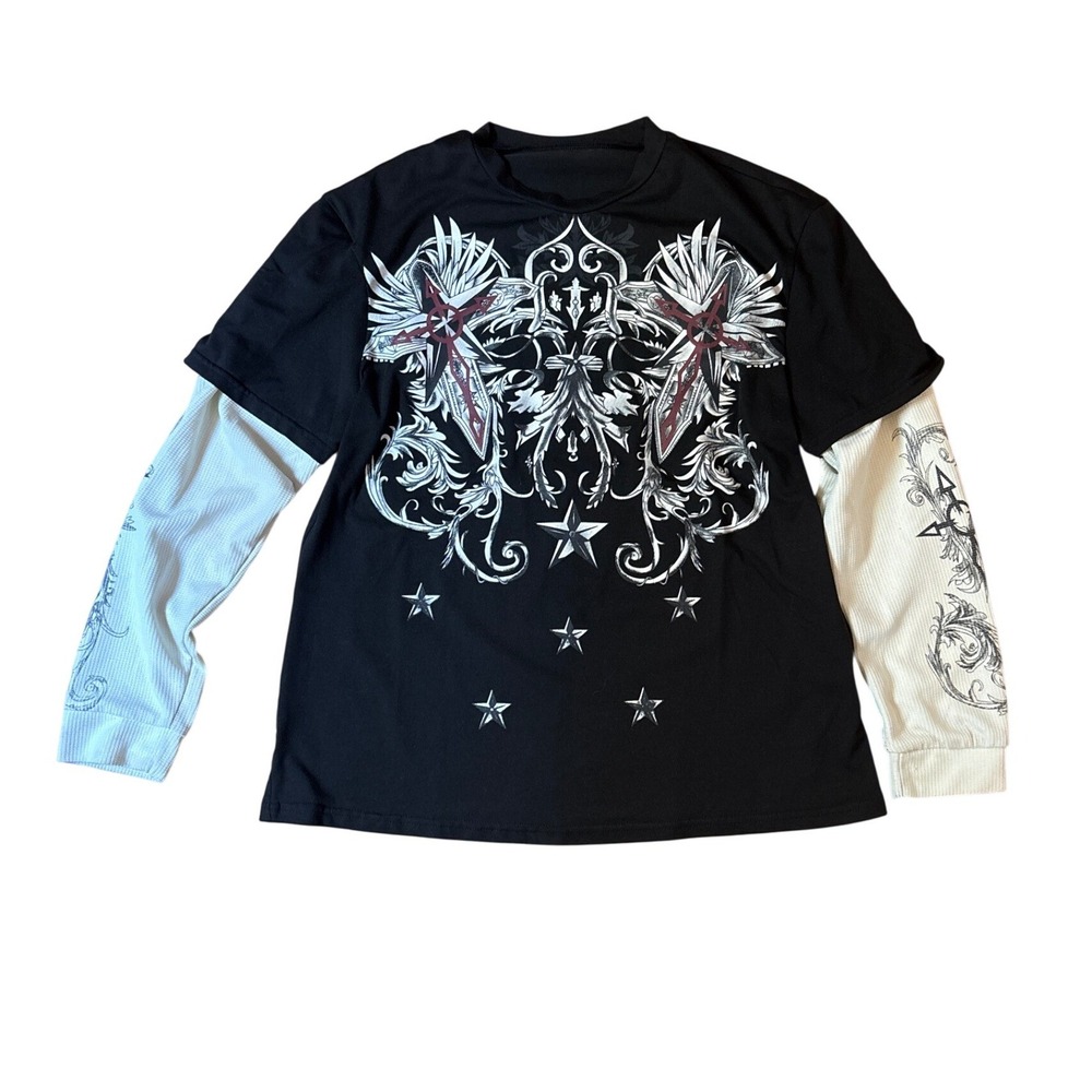Graphic Tee Mens Black Y2K Gothic Layered Long Sleeve SIZE M